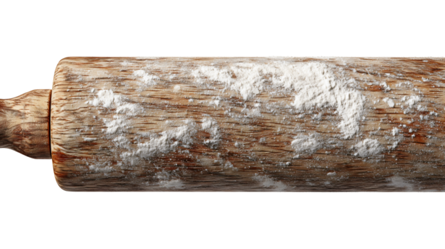 A wooden rolling pin covered in flour, a traditional kitchen utensil for baking, a tool for making dough for bread, pizza or pastry, a rustic piece of kitchenware isolated on a white background.

