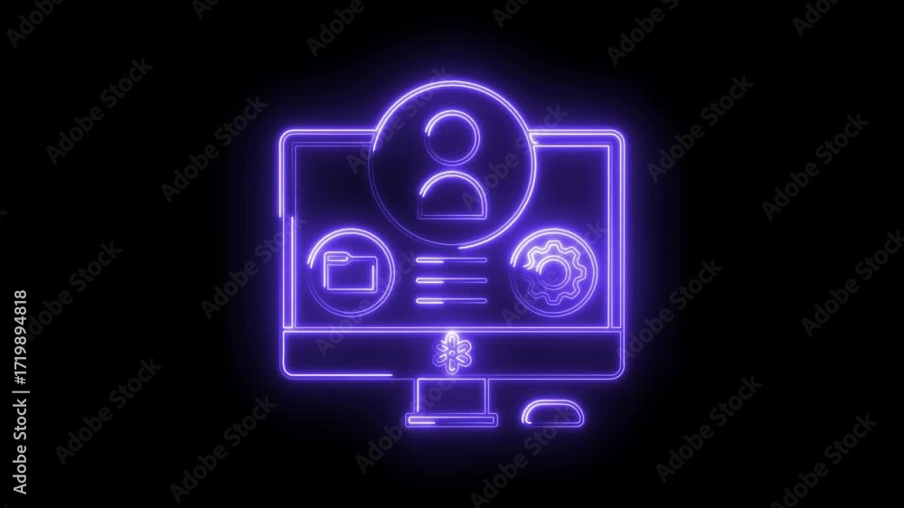 Wall mural glowing neon computer icon animation representing user settings and data management on dark backgrou