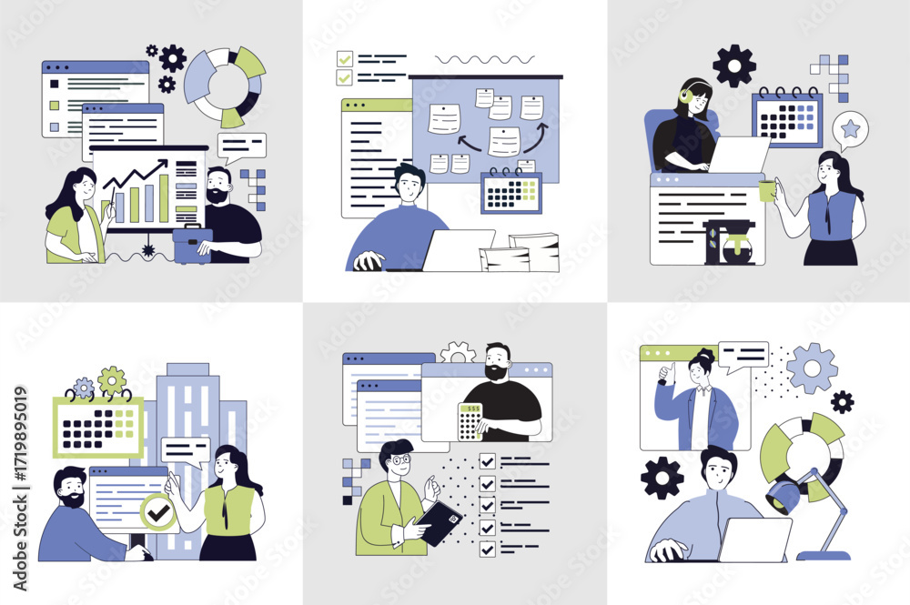Poster basic office concept set for web design. collection with people working with chart reports, communic