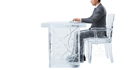 Businessman sitting at an ice desk and chair, working a laptop, isolated transparent