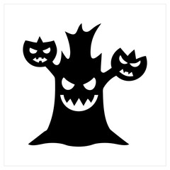Spooky halloween tree with pumpkin faces and evil grin