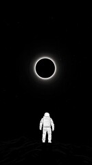 Obraz premium Astronaut Standing on Dark Surface Facing a Black Hole Eclipse space cosmic