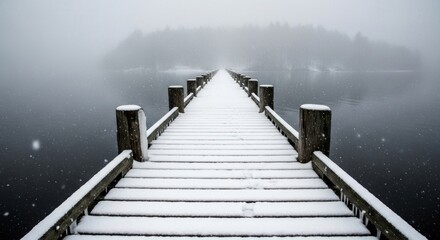 A snow-covered wooden pier extending into a calm lake with a misty forest in the background.