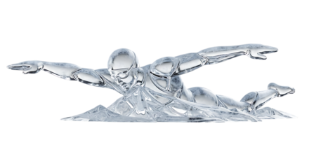 A stylized, metallic sculpture of a swimmer performing the butterfly stroke, appearing to be made of water or ice, isolated a transparent