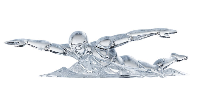 A stylized, metallic sculpture of a swimmer performing the butterfly stroke, appearing to be made of water or ice, isolated a transparent