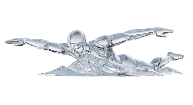 A stylized, metallic sculpture of a swimmer performing the butterfly stroke, appearing to be made of water or ice, isolated a transparent