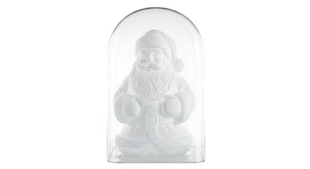 A, frosted santa claus figurine sits inside a clear glass dome, representing a festive christmas decoration isolated a transparent