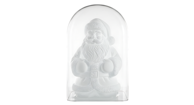 A, frosted santa claus figurine sits inside a clear glass dome, representing a festive christmas decoration isolated a transparent
