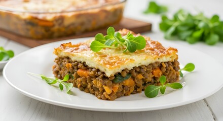 Healthy Lentil and Vegetable Moussaka Portion on White Plate with Fresh Greens Garnish