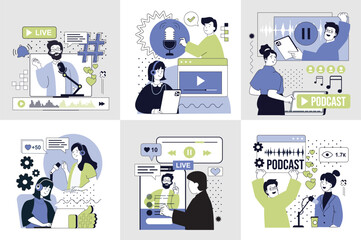 Video podcast concept set for web design. Collection with people recording audio conversation in studio, interviewing and broadcasting live, making talk streaming with guests. Vector illustration.
