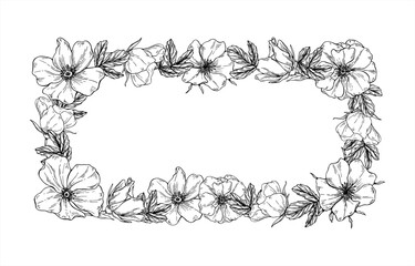 Monochrome blooming flowers with leaves vector rectangle frame painting by black inks. Wild poppy etching drawing border with copy space for text. For greeting cards, , valentine day invitations