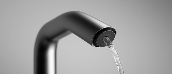 Dettaglio beccuccio rubinetto nero con flusso d&rsquo;acqua, macro su sfondo neutro; immagine tecnica pulita per rubinetteria e tecnologia acqua.