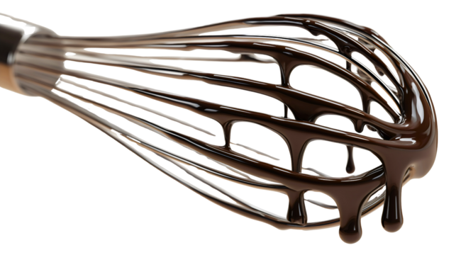 A kitchen whisk with dripping melted dark chocolate, a baking tool for mixing a delicious dessert ganache, a close-up of a rich and sweet confectionery sauce, an isolated utensil for a pastry chef.