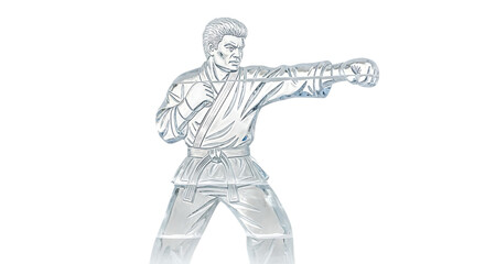 Ice sculpture of a martial artist in a fighting stance, isolated transparent
