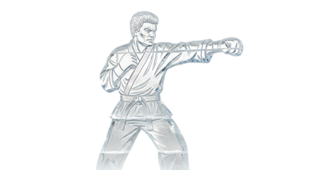Ice sculpture of a martial artist in a fighting stance, isolated transparent