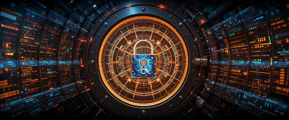 Data vault door represented as infinite 4D lock hologram