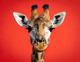 Obraz premium Close-up portrait of a giraffe against a vibrant red background