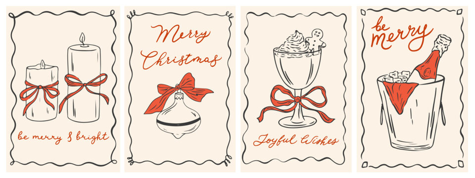 Hand drawn vintage ink Christmas posters. Retro new year drawing set in doodle line art, minimalist print style with champagne, cocktail, candle and Christmas toy. Vector cards in coquette style
