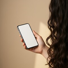 Smartphone with blank display in woman hand mockup isolated on beige minimalist background