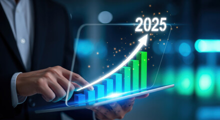 Forecasting Business Growth to 2025 with a Hand Touching a Tablet Displaying an Upward Trending Graph Symbolizing Future Success and Strategic Planning