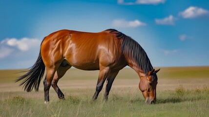 Obraz premium A brown horse grazing in a field under a blue sky with scattered white clouds
