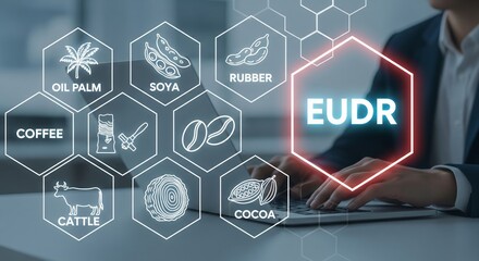EUDR Compliance Hexagon Interface with Large Icons — Oil Palm, Soya, Rubber, Coffee, Cattle, Wood, Cocoa