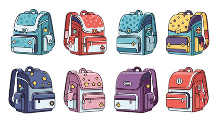 Colorful backpacks for kids heading back to school with playful designs perfect for educational materials and cheerful design projects