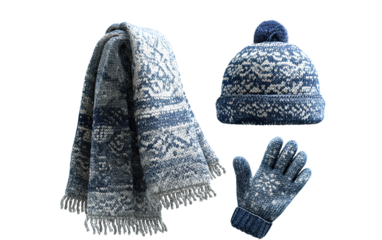 winter hat, winter scarf, and gloves clipart. knitted winter hats with blue patterns and grey scarves with white snowflakes