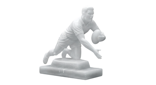 A ice sculpture of a rugby player in a dynamic pose, kneeling and reaching for the ball, isolated transparent - Powered by Adobe
