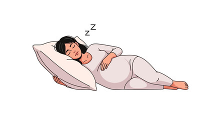 Pregnant Woman Sleeping Peacefully on Side in Bed with Pillows and Pajamas