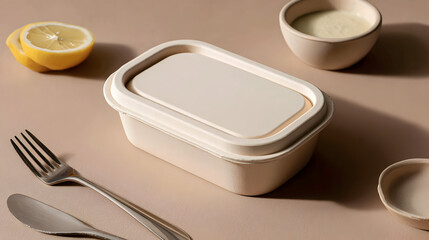 Minimalist food container with lid sits neutral surface, accompanied by fork, spoon