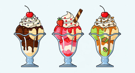 Illustration of three ice cream sundae in glass cups with different flavors and toppings, perfect for dessert menu or summer treat designs