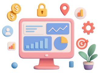 Pink Computer Monitor with Business Icons Showing Analytics Data Charts and Growth Symbols screen display isolated on a transparent background