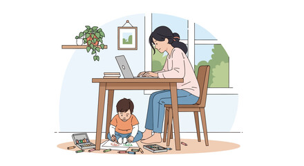 vector of Woman Working on Laptop While Child Colors Nearby in Sunlit Home Office with Cozy Decor