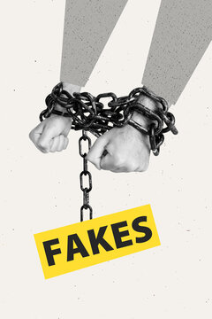 Vertical pop poster sketch art collage of hahds wear metal chain fake news propaganda imprisonment concept disinformation