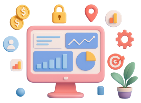 Pink Computer Monitor with Business Icons Showing Analytics Data Charts and Growth Symbols screen display isolated on a transparent background