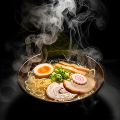 Steaming Japanese Ramen in Black Ceramic Bowl