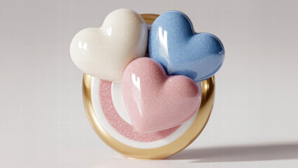 A decorative arrangement of three sparkling heart-shaped objects in pastel colors on a circular base, exuding a playful and romantic vibe.