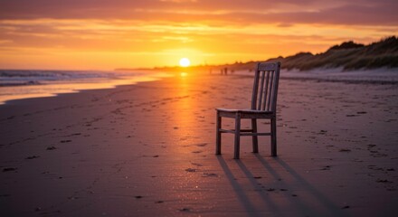 Fototapeta premium A solitary wooden chair stands on a serene beach at sunset offering contemplation