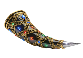 Ornate, black horn-shaped object, detailed with intricate golden patterns and glowing runes, presented on a black backdrop.