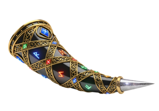 Ornate, black horn-shaped object, detailed with intricate golden patterns and glowing runes, presented on a black backdrop. - Powered by Adobe