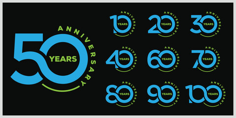 Collection of anniversary logo design. Celebration day special vector icon, 10 to 100 symbol graphics