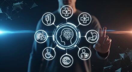 Futuristic AI Healthcare Technology Interface with Large Medical Icons and Digital Head Hologram