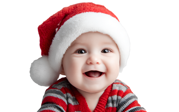 smiling baby with santa hat on a transparent