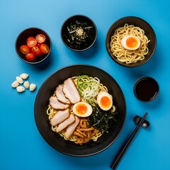 Japanese Ramen in blue background: Miso Broth with Pork, Tofu, and Vegetables, Top View