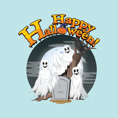 Fototapeta premium Happy Halloween Ghosts with Tombstone and Crow Illustration