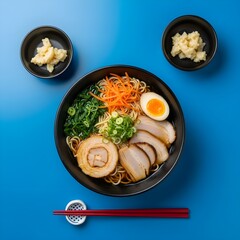 Japanese Ramen in blue background: Miso Broth with Pork, Tofu, and Vegetables, Top View