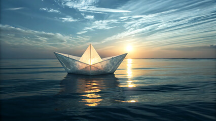 Glowing paper boat floats on calm ocean water at sunset