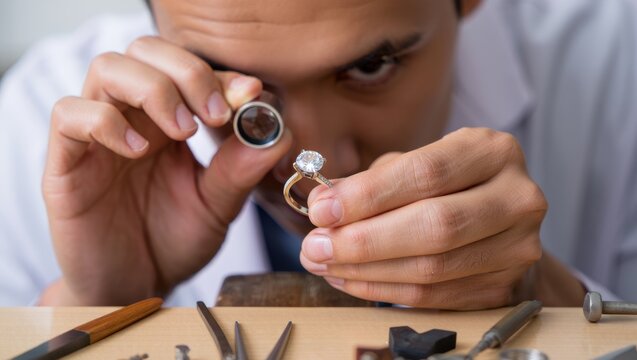 Skilled jeweler carefully inspecting diamond ring with magnifying loupe in workshop, showcasing gemstone quality control, precision craftsmanship, and luxury detail