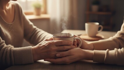 Warm comforting moment as two people share tea, holding hands together in a cozy home setting with soft natural light and feelings of connection and care